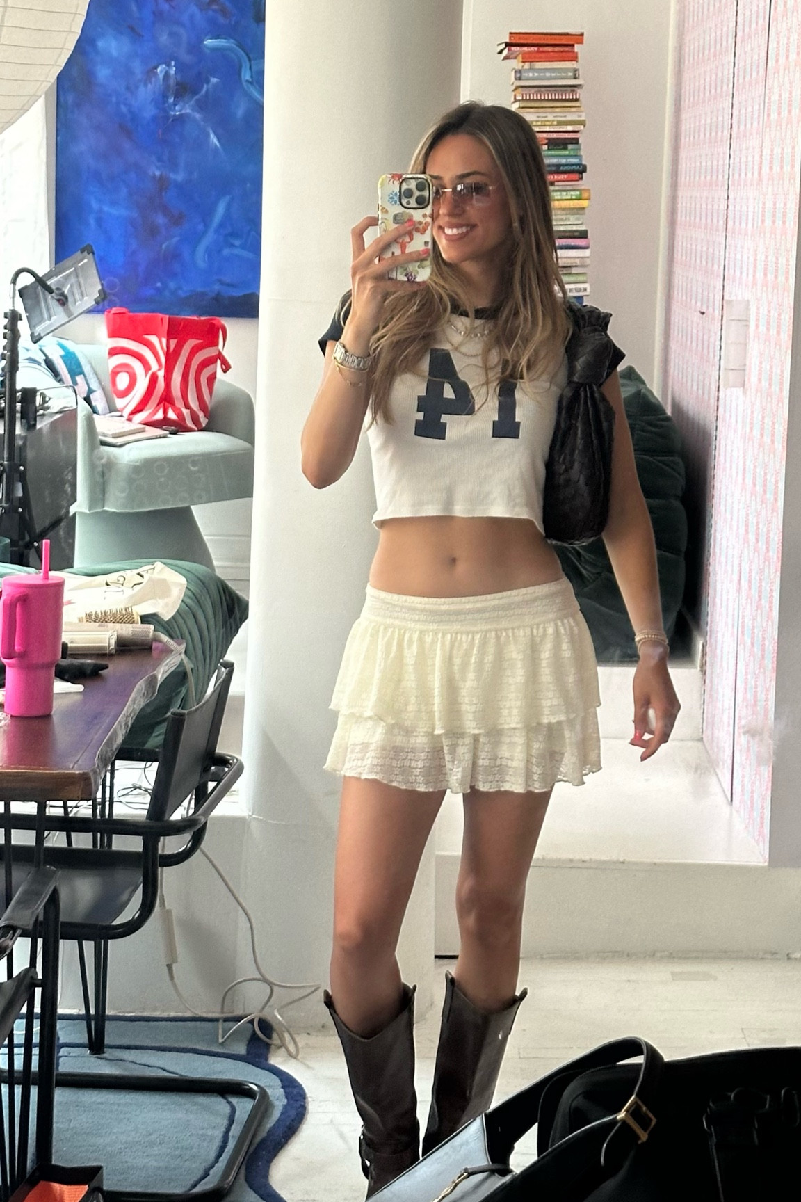 Looove these pieces, they’re all so versatile- skirt is small (TTS) and boots are VERY comfy- like 10k steps and my feet don’t hurt! T shirt I think is one size stretch but fits like I’d expect a small to fit haha 