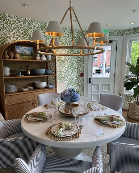 New home wish list - loved this chandelier and ticking fabric on the chairs. White table seems too heavy but I like the lewk. Also, cute rattan lamp shade in photo #2 is much cuter in person. 💙

#LTKHome