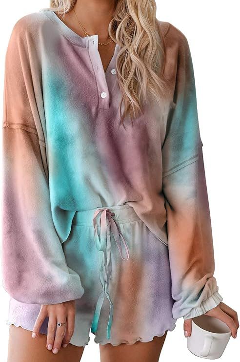 BTFBM Women Pajamas Tie Dye Print Long Sleeve Shirt Elastic Drawstring Shorts Pant PJ Set Sleepwe... | Amazon (US)