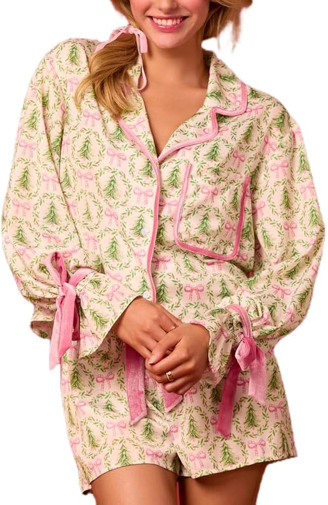Argeousgor Women Christmas 2 Piece Pajamas Set Bow Tie Button Long Sleeve Shirts Ruffle Shorts Cu... | Amazon (US)