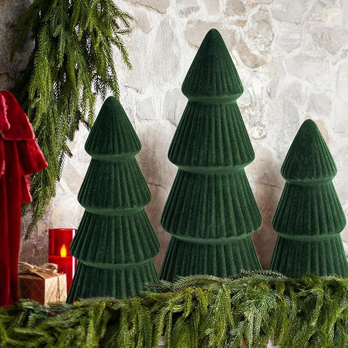 Christmas Decorations - Set of 3 Velvet Ceramic Christmas Trees - Modern Cone Indoor Christmas De... | Amazon (US)