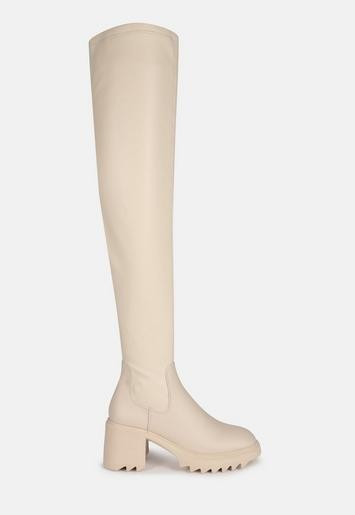 Missguided - Cream Faux Leather Jagged Sole Heel Over The Knee Boots | Missguided (US & CA)
