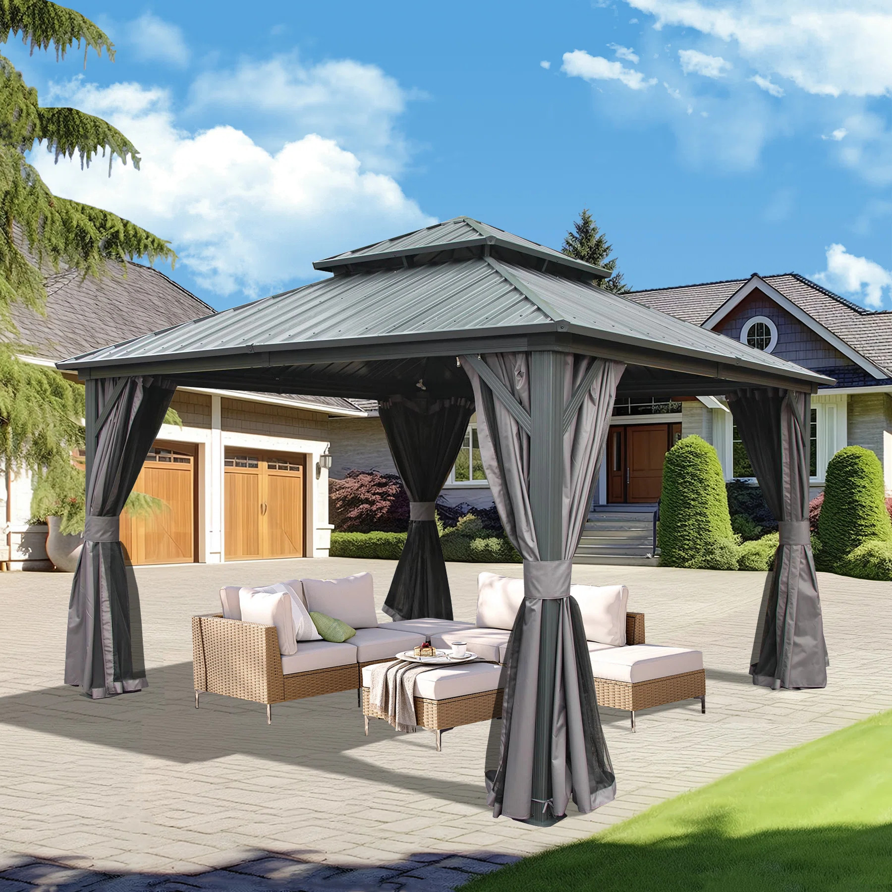 Galvanized Steel Patio Gazebo with Overhang Slope-design Double Roof | Wayfair North America