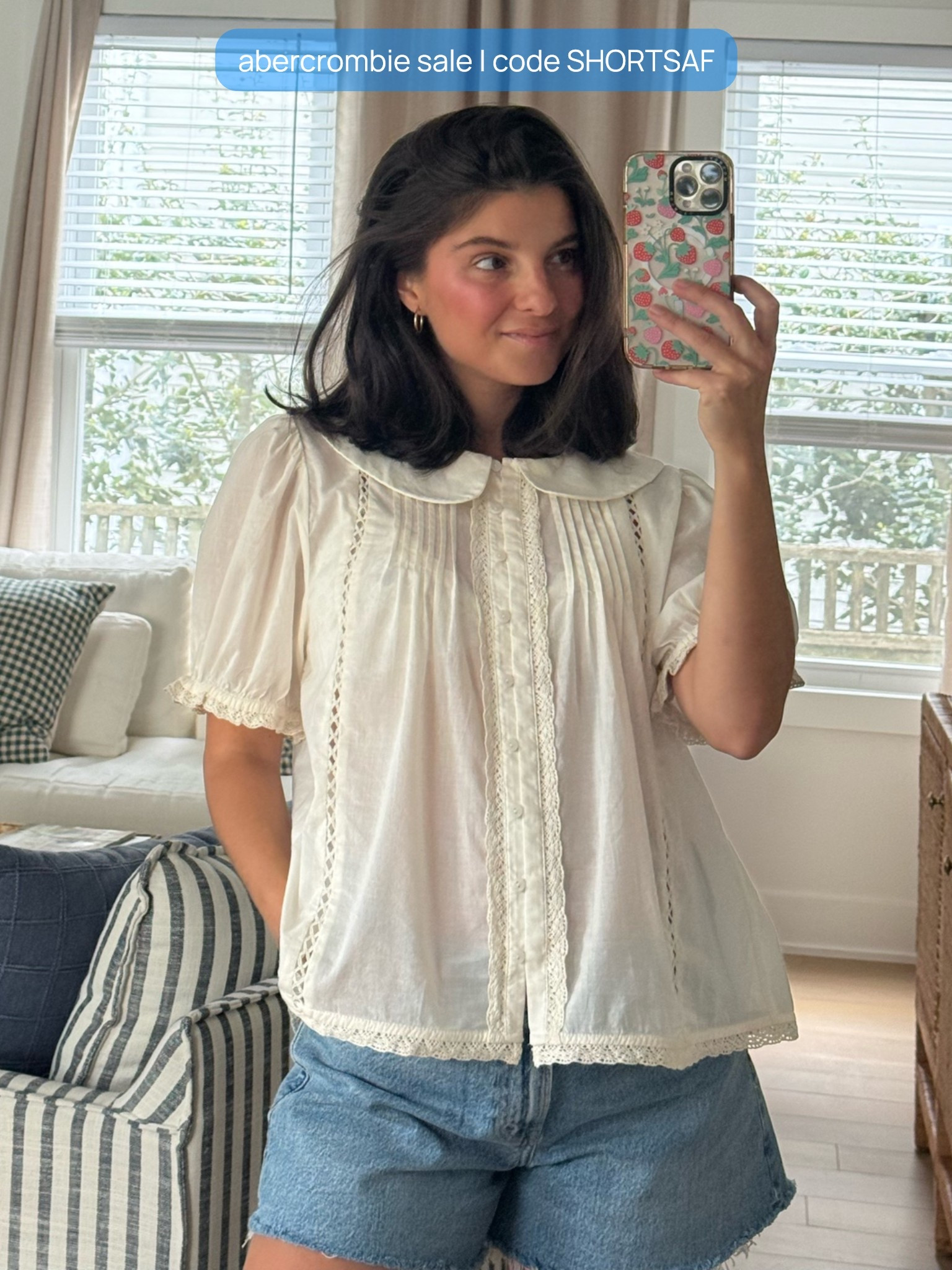 [5/7/26] @abercrombie is currently 25-40% all shorts & swim + 20% off everything else. Code SHORTSAF takes an additional 15% off cart. This top is on sale for $51!! I’m wearing size medium in this adorable blouse - 100% cotton and also available in black. Denim shorts are a current bump-friendly fav. Mid rise a line + available in other washes! On sale for $45! 

 [*Offer valid online only 5/7/2026-5/11/2026 in US/CA. Excludes clearance. Online price reflects discount. Offer valid online only 5/7/2026-5/11/2026 in US/CA. Exclusions apply as indicated. Online price reflects discount. Use code SHORTSAF to get an additional 15% off almost everything in stores and online at checkout from 5/7/26-5/11/26 in US/CA. Exclusions apply. See details online.]

#LTKSaleAlert #LTKBump