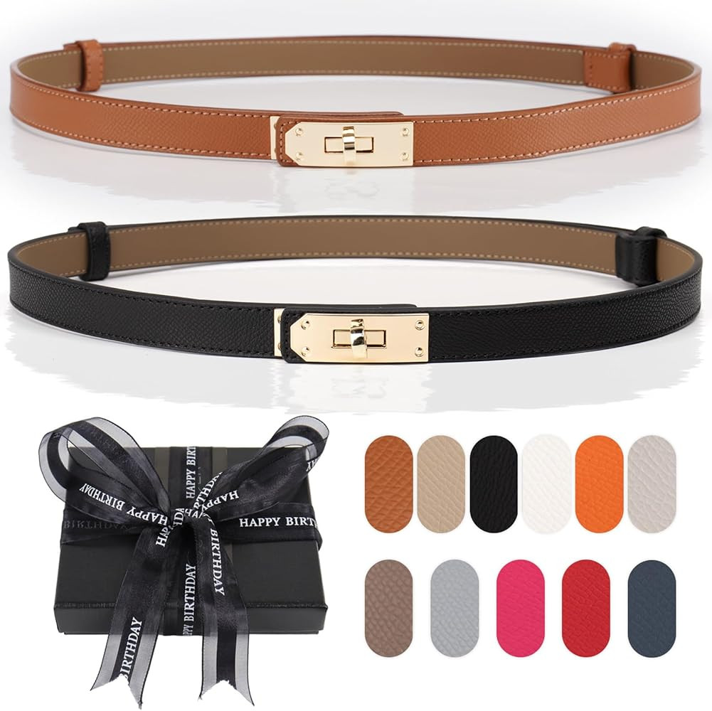 Thin Belts for Women, Adjustable Skinny Womens Belts for Jeans Dress, Fashion Leather Belt with T... | Amazon (US)