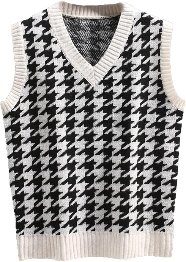 Milumia Men's Houndstooth Sweater Vest Sleeveless V Neck Casual Rib Knit Top | Amazon (US)