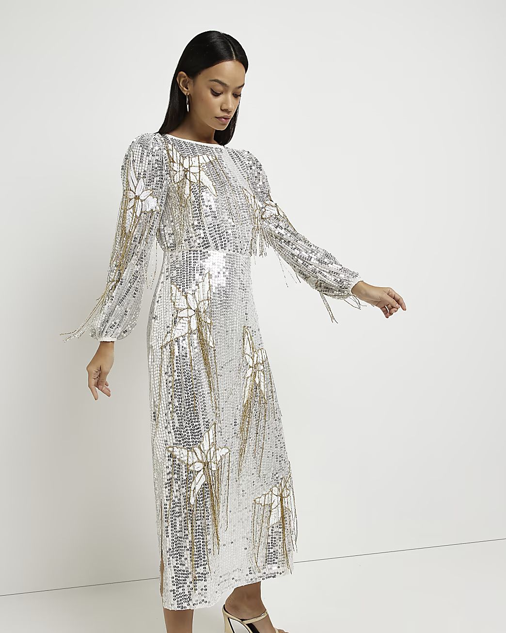 Silver floral sequin long sleeve midi dress | River Island (UK & IE)