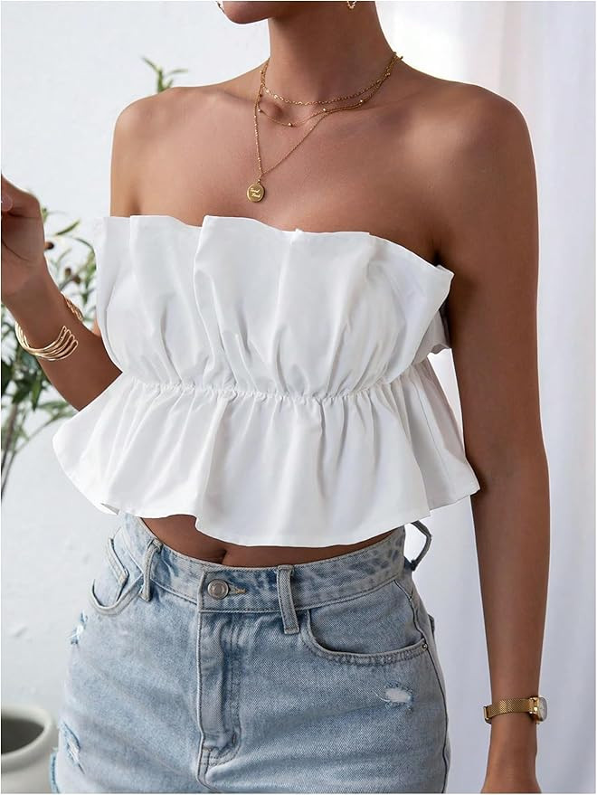 GORGLITTER Women's Strapless Bubble Tube Tops Ruffle Open Back Sleeveless Cute Summer Bandeau Pep... | Amazon (US)