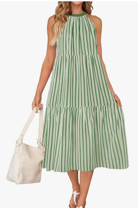 Green striped halter midi dress, sundress, vacation dress 

#LTKFindsUnder100 #LTKSeasonal #LTKFindsUnder50