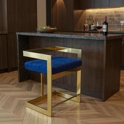 26" Blue and Gold Metal and Velvet Low Back Counter Height Bar Chair | Wayfair North America