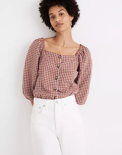 Gingham Seersucker Puff-Sleeve Button-Front Top | Madewell