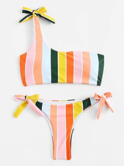 One Shoulder Striped Bikini Set | SHEIN