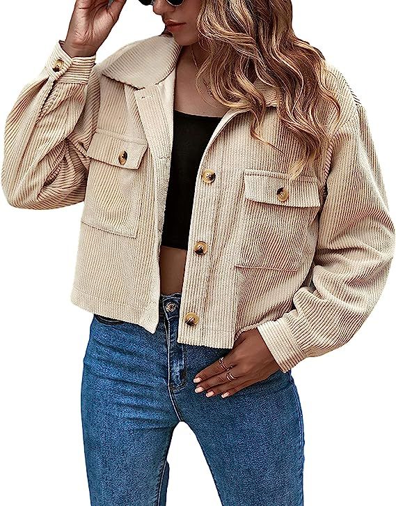 Gihuo Women's Fashion Cropped Shacket Button Down Corduroy Shacket Jackets | Amazon (US)