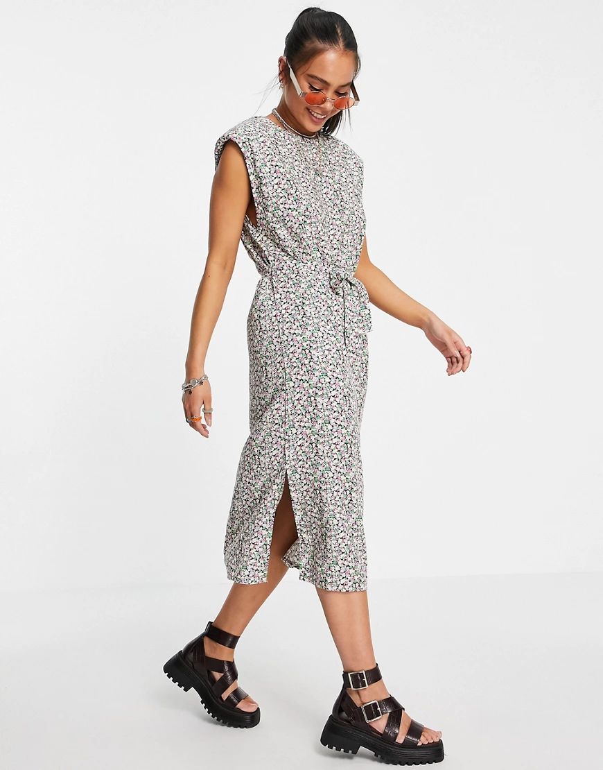 Only midi dress with shoulder pads and tie waist in floral print-Black | ASOS (Global)