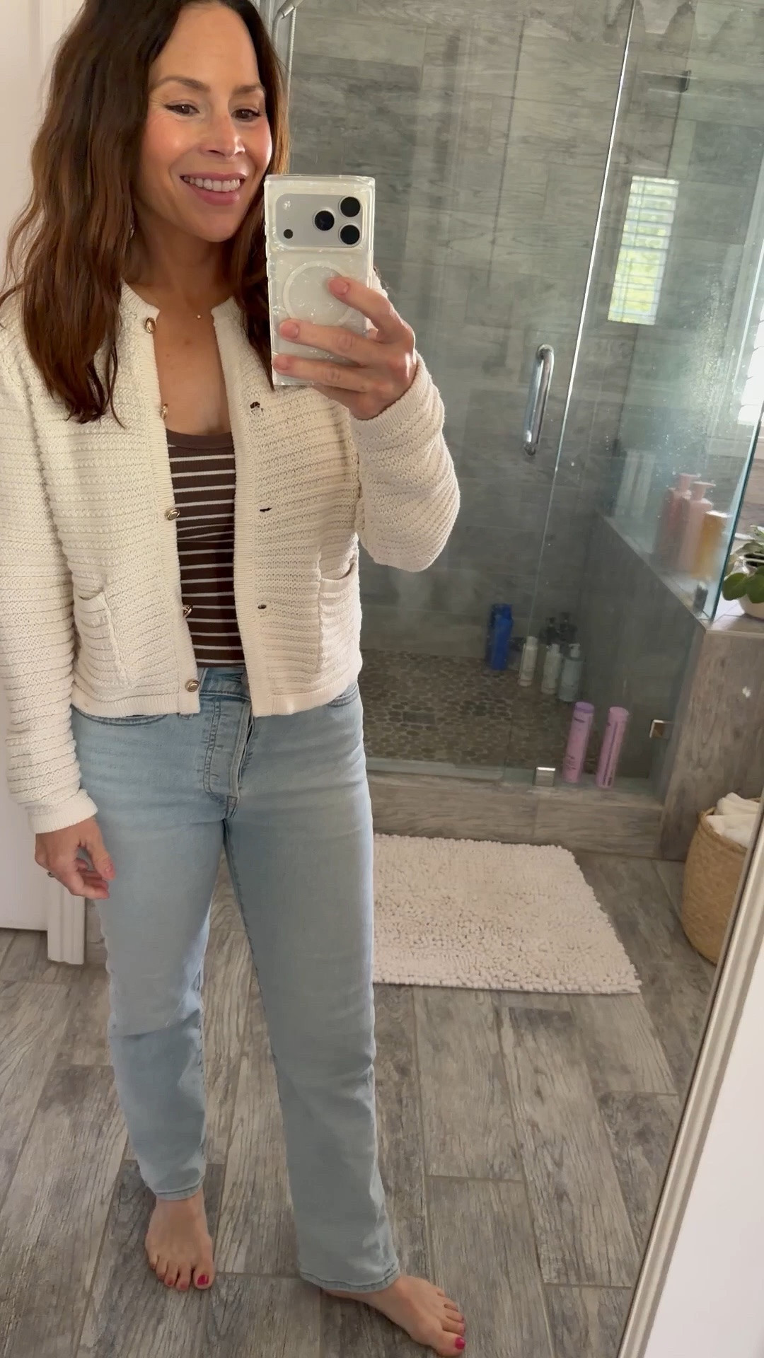 Cream and brown with classic go-to denim. Easy spring outfit! #ltkpetite #ltkover40 