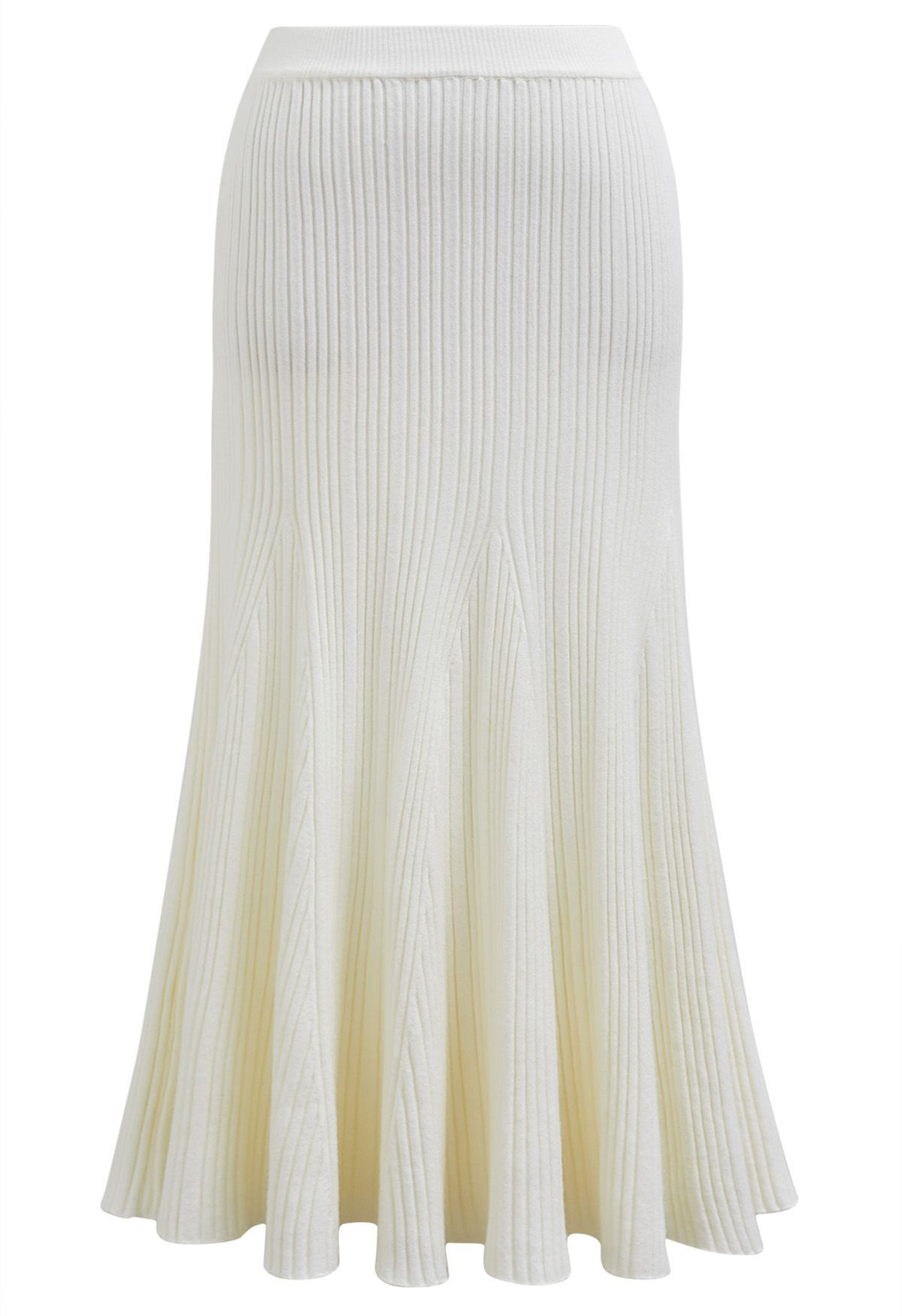 Dynamic Flare Hem Ribbed Knit Maxi Skirt in Cream | Chicwish