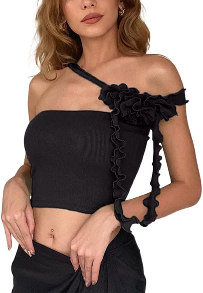 Women’s See Through Tube Crop Top Sleeveless Ruffle Fringe Tassel Crop Shirt Stretchy 3D Floral... | Amazon (US)