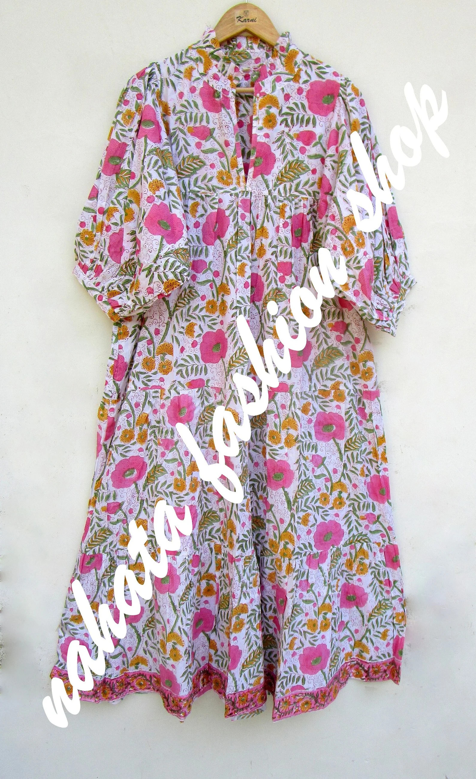 Pink Flower Look Indian Style Maxi Dress - V Neckline Maxi Dress - 3/4th Sleeve With Button Maxi ... | Etsy (US)