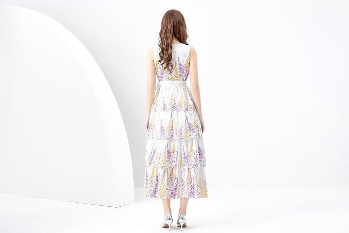 LAI MENG FIVE CATS Women's Summer Sleeveless V-Neck Floral Print Ruffle Layered Flowy Midi Dress | Amazon (US)