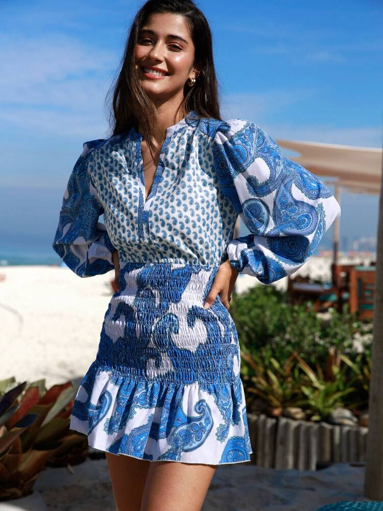 Paisley Print Lantern Sleeve Shirred Ruffle Hem Popover Dress | SHEIN