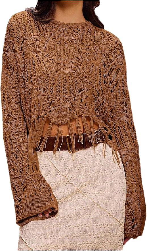 Women's Fringe Boho Tops Crochet Lightweight Sweaters Tassel Crop Sweater Oversized Knit Hollow O... | Amazon (US)