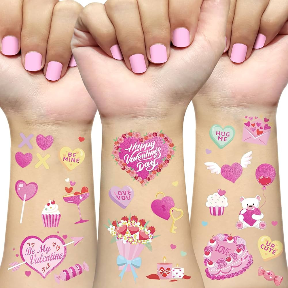 Valentine's Day Temporary Tattoos 68 Styles V-Day Hot Pink Foil Tattoos Galentines Day Decoration... | Amazon (US)