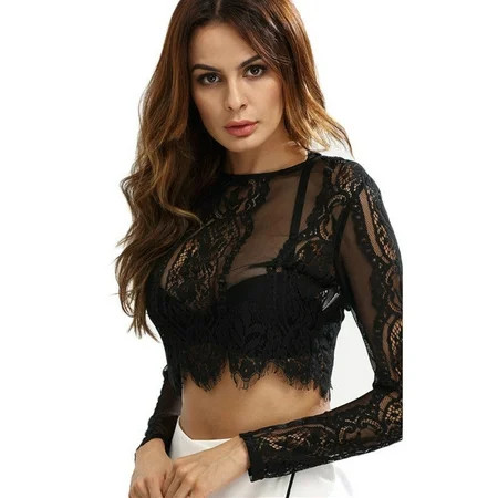 Frecoccialo Woman Long Sleeve Lace Tunic Beautiful See-through Slim Zipper Closure Blouse | Walmart (US)