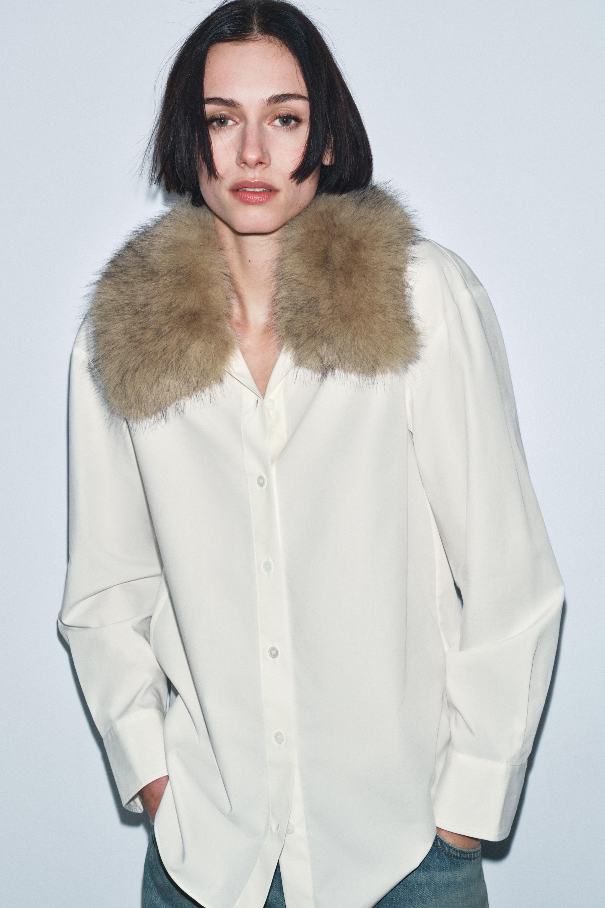 ZW COLLECTION FAUX FUR COLLAR POPLIN SHIRT | Zara US
