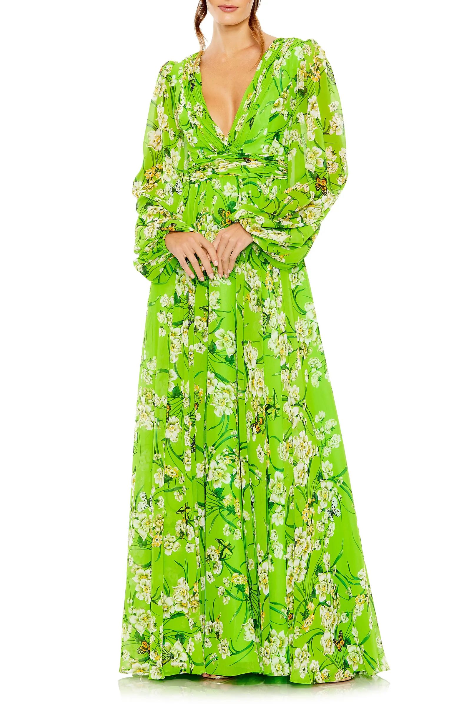 Ieena for Mac Duggal Floral Long Sleeve Chiffon A-Line Gown | Nordstrom | Nordstrom