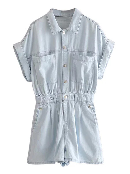 'Maya' Front Pockets Buttoned Denim Romper | Goodnight Macaroon