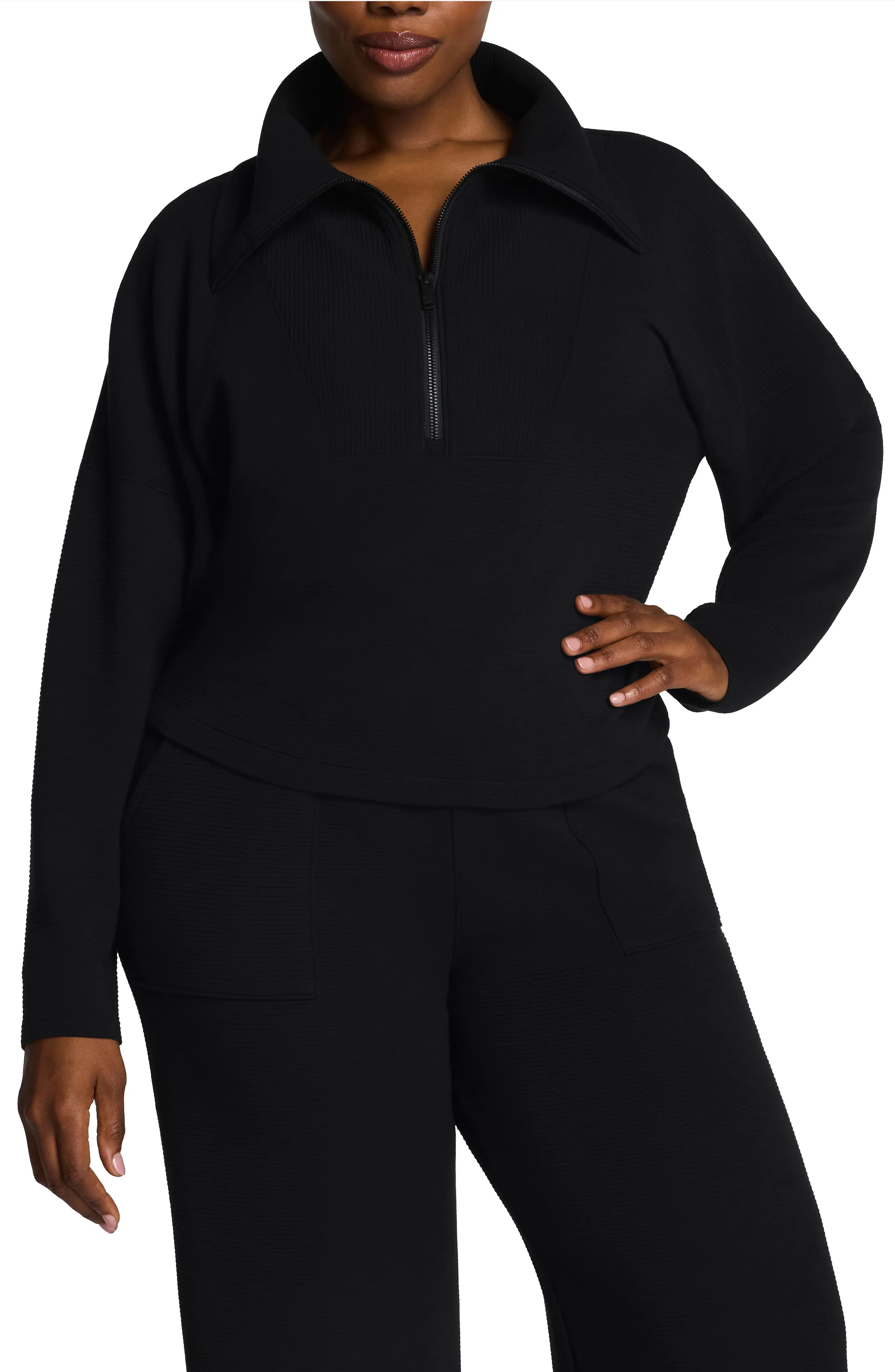 SPANX® AirEssentials French Rib Quarter Zip Pullover in Very Black at Nordstrom, Size X-Large | Nordstrom