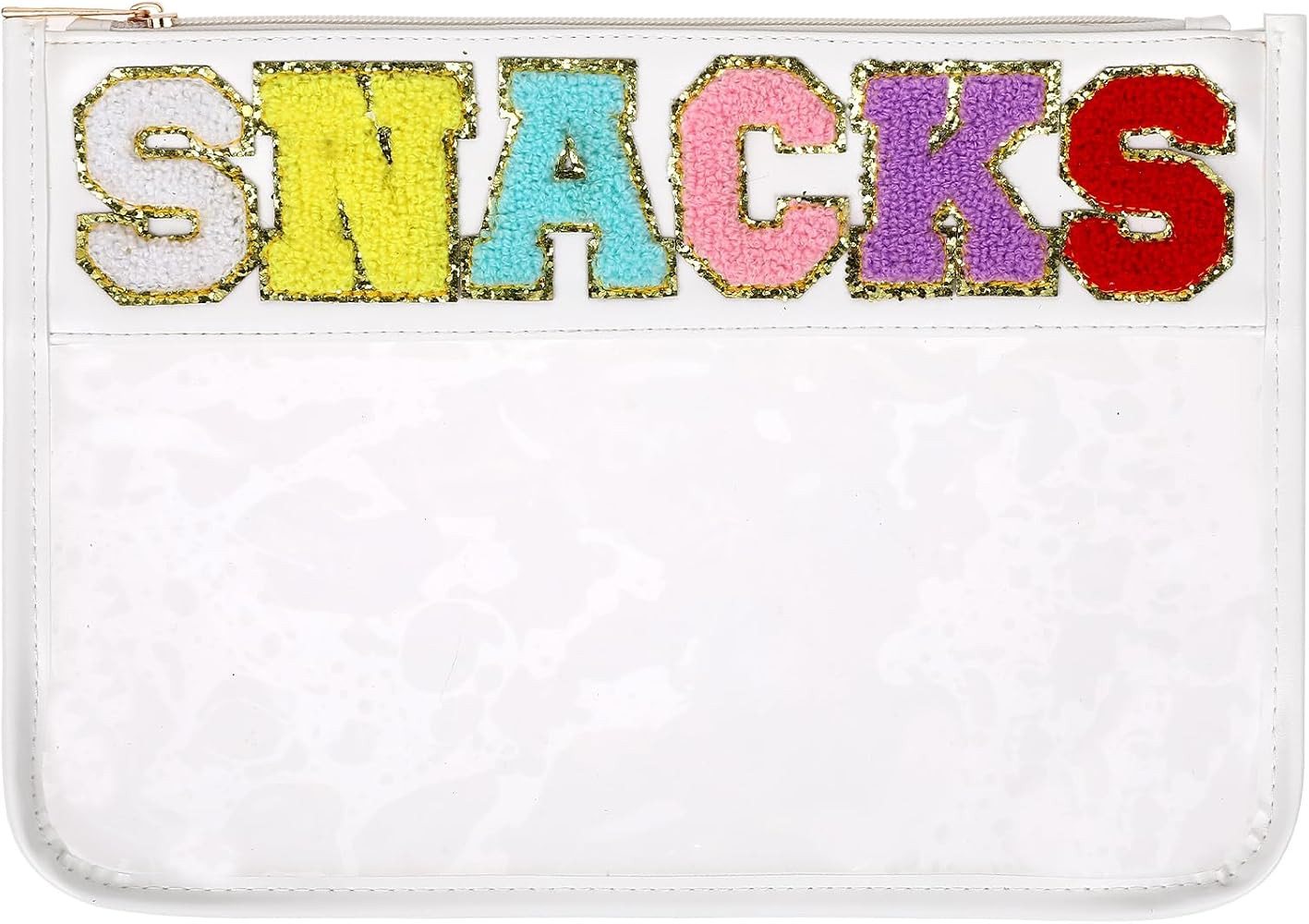 Chenille Letter Bag Clear Makeup Organizer Bag Water-proof Travel Snack Pouch with Glitter Patch ... | Amazon (US)