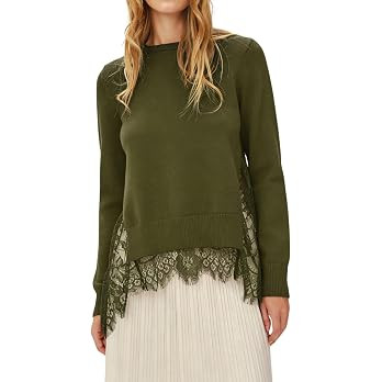 Women's Asymmetrical Lace Trim Knit Pullover Sweater Top | Amazon (US)