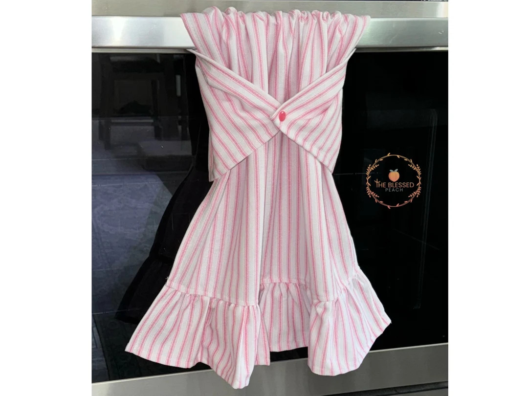 Pink Ticking Stripe Kitchen Towel With Ruffle, Stay Put Towel, Dish Drying Towel, Oven/stove Hand... | Etsy (US)