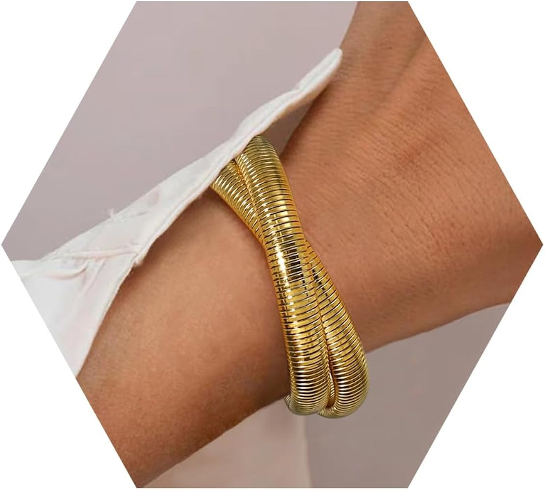 Gold Bangles for Women Chunky Stretch Bangles Bracelets Set 18K Gold Plated Stainless Steel Link ... | Amazon (US)