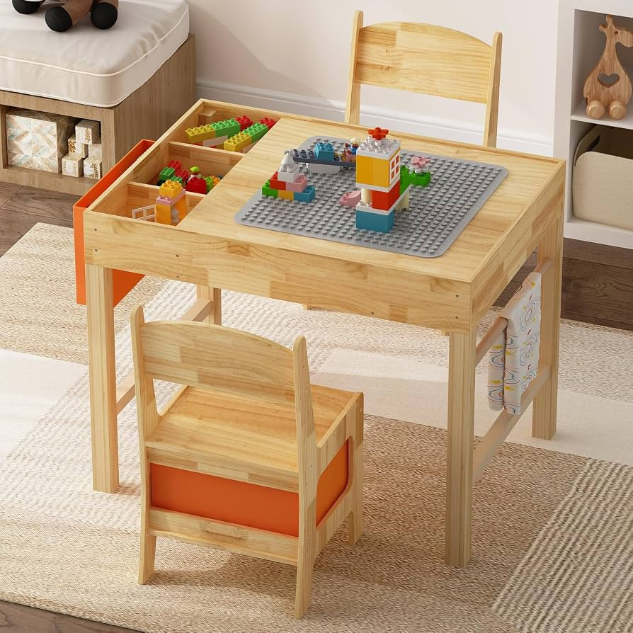 ROMSHINE Solid Wood Kids Table and Chair Set with Removable Tabletop, Toddler Construction Train ... | Amazon (US)