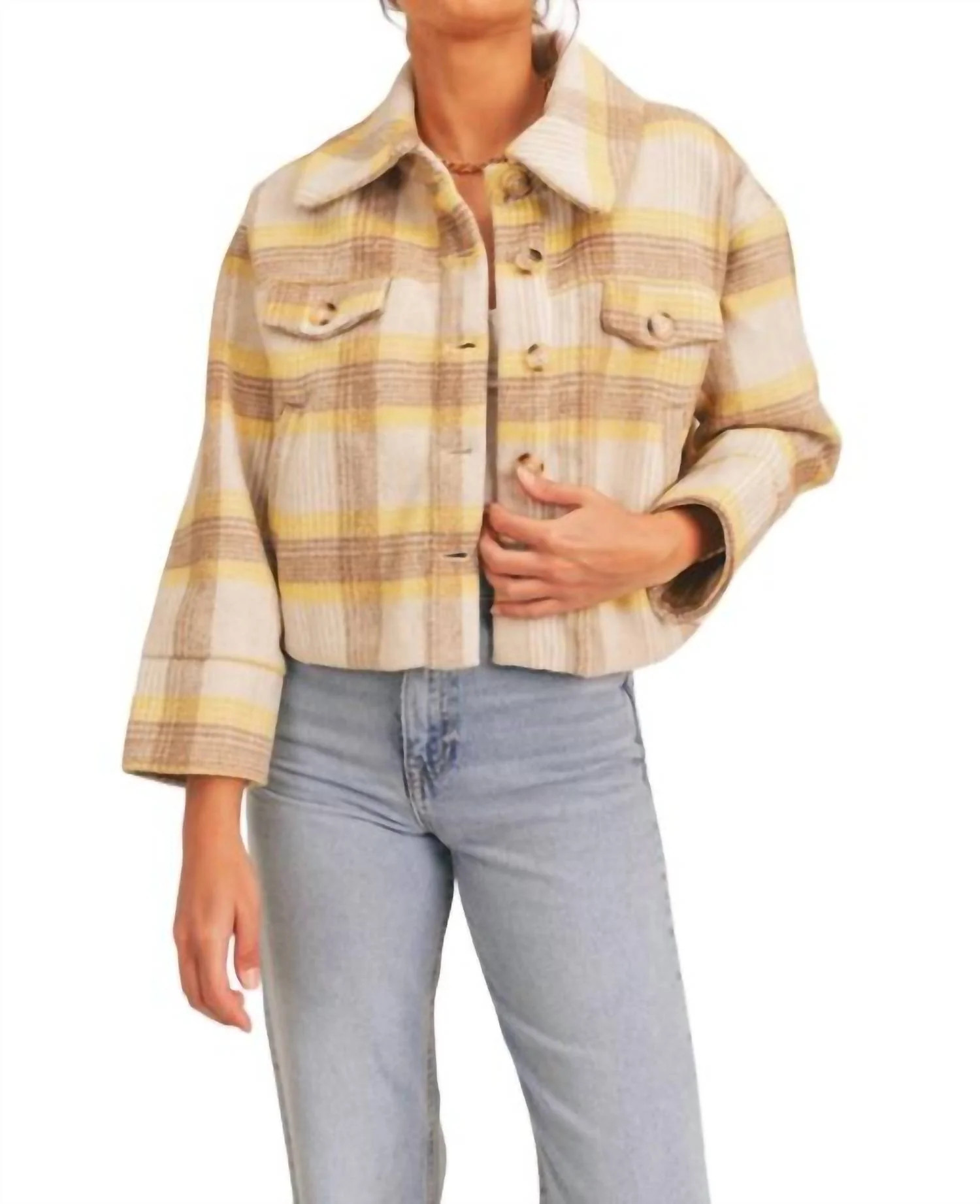 Blair Plaid Button Down Jacket In Taupe Yellow | Shop Simon