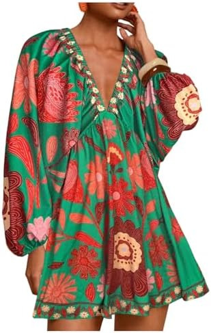 RoseSeek Women's Boho Floral V Neck Mini Dresses Bishop Sleeve Tie Open Back Tropical Dress | Amazon (US)