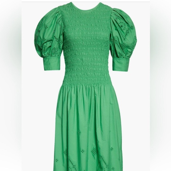 Ganni | Kelly green puff sleeve with eyelet detail midi dress | Poshmark