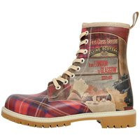 Dogo, Womens Boots, Custom Red Dog & Cat Figured, Vegan Shoes, Leather Lace Up Long Boots Scottish Dining Car | Etsy (US)