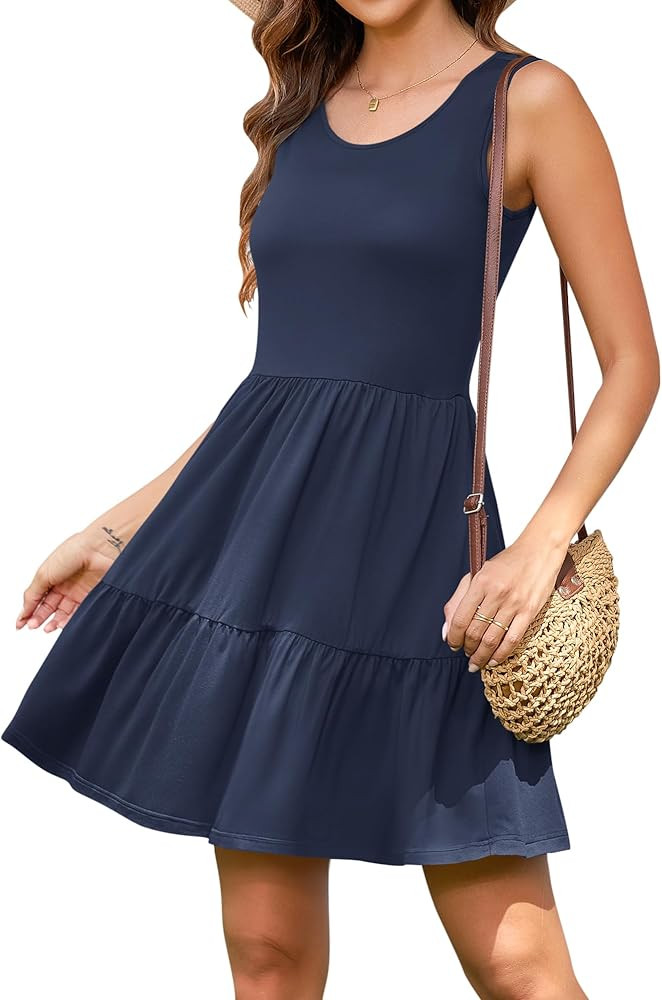 AUSELILY Womens Summer Dress Casual Sleeveless Crewneck T Shirt Sundress Flowy Tiered Swing Mini ... | Amazon (US)