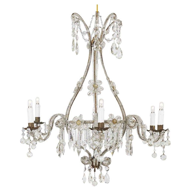 Early 20th Century Italian Beaded Crystal Flower Chandelier with Gilt Buttons | 1stDibs