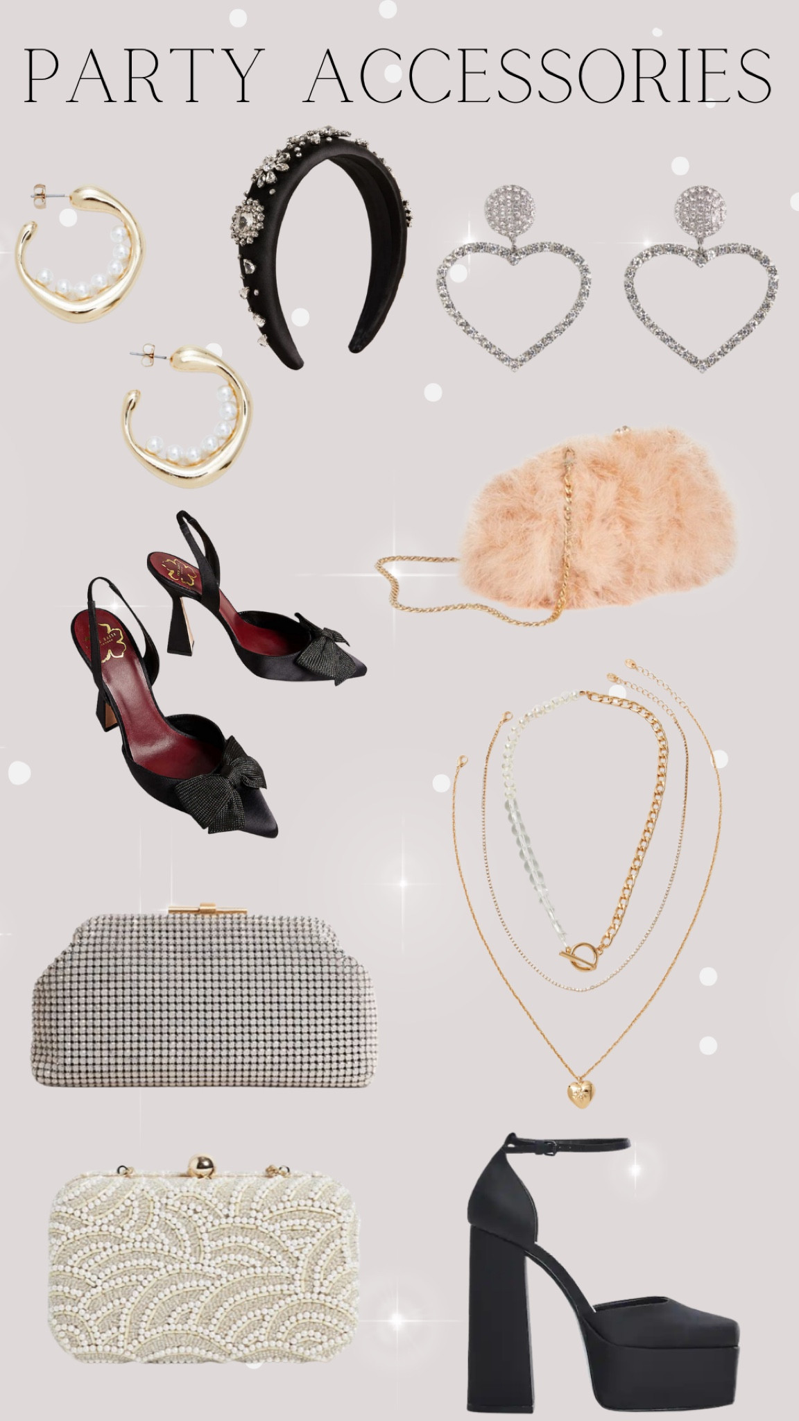 Party Accessories 

partywear - partywear accessories - accessories - Christmas party - new year party - new year outfits - party outfits - embellished bag - bow heels - platform heels - fluffy bag - embellished earrings - embellished headband - accessories sale - handbag sale - shoes sale 

#LTKsalealert #LTKstyletip #LTKunder50