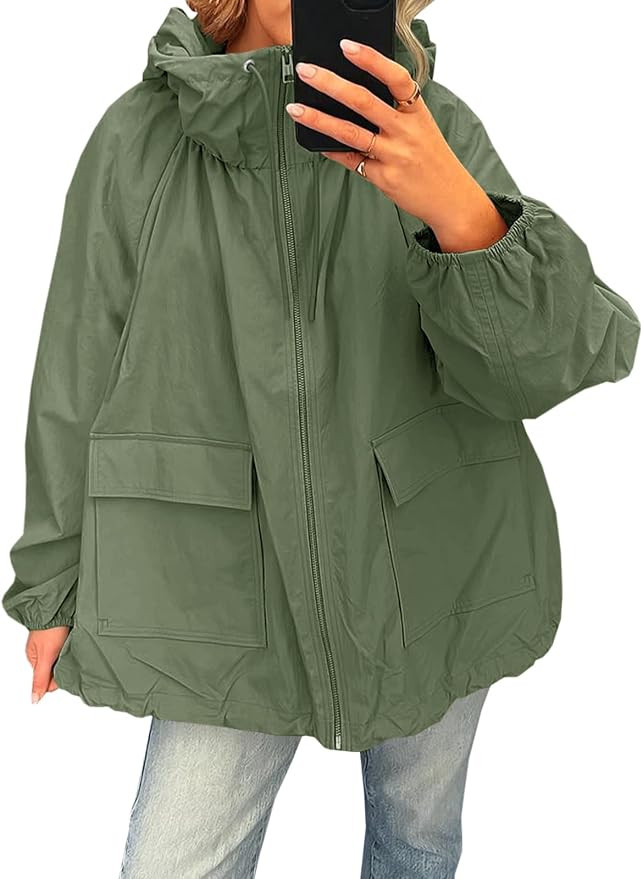 Fisoew Womens Oversized Lightweight Jacket Hooded Trench Coat Windbreaker Waterproof Raincoat Wit... | Amazon (US)