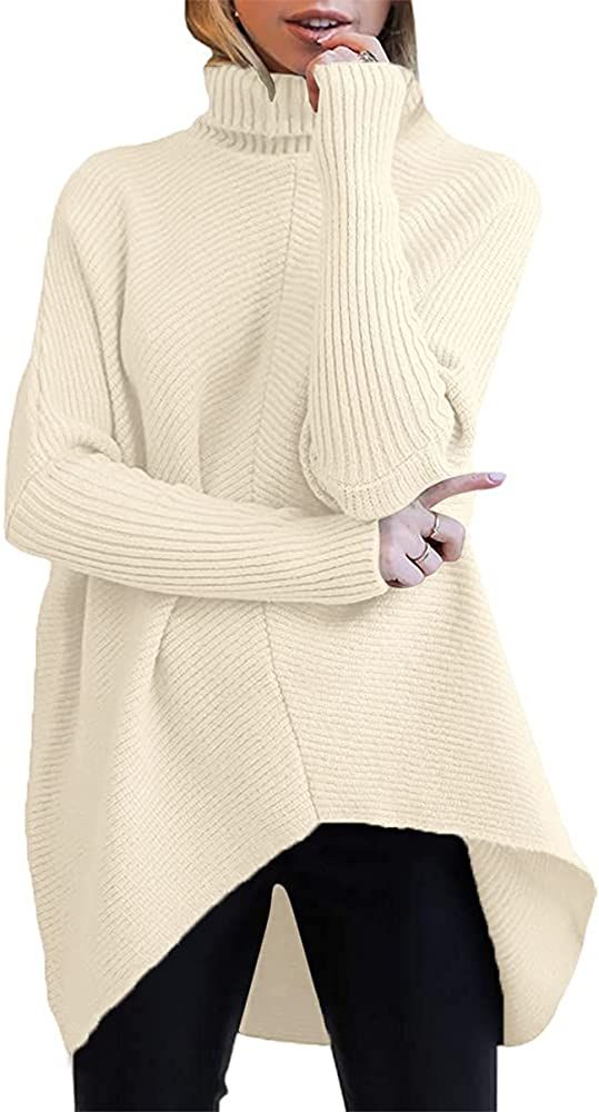 ANRABESS Womens Turtleneck Ribbed Knit Apricot Sweaters Batwing Long Sleeve High Low Hem Casual O... | Amazon (US)