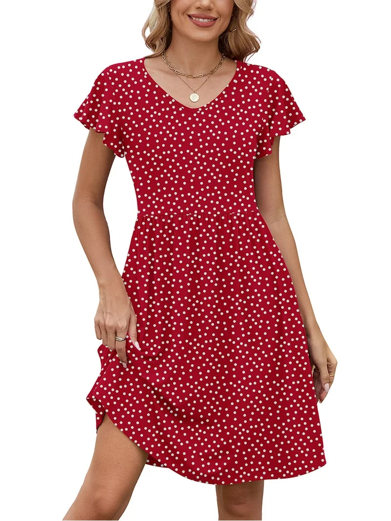 Chiclily Summer Dresses for Women Ruffle Sleeve Midi Dress Boho Beach Sundress with Pockets, Polk... | Walmart (US)