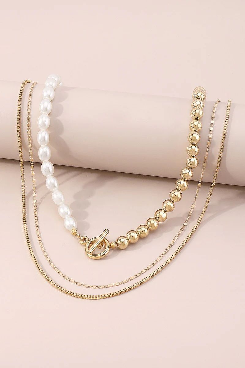 Pearl and Gold Beads Multi-Strand Necklace | Pink Creek