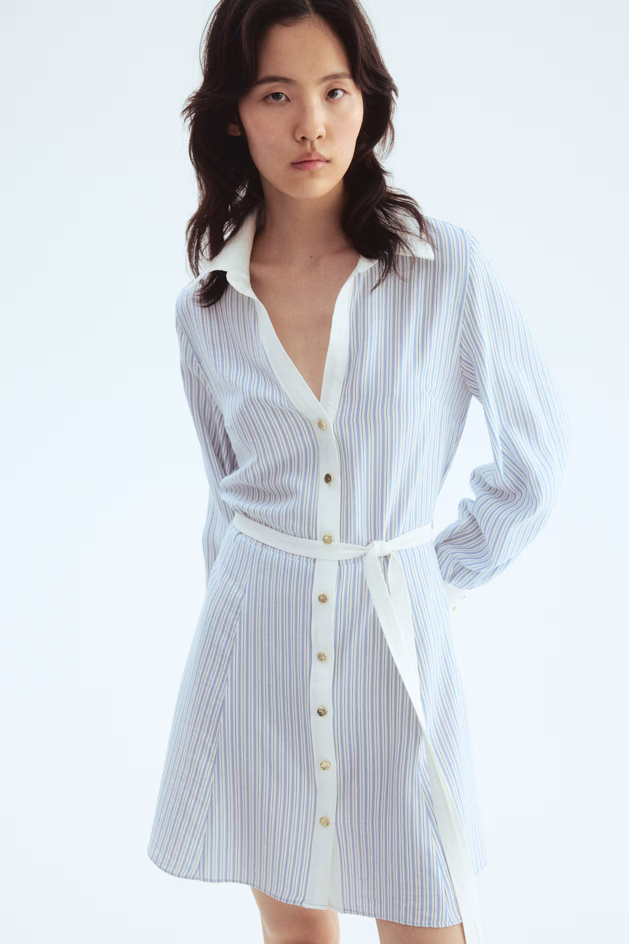 Tie-Belt Shirt Dress - Light blue/striped - Ladies | H&M US | H&M (US + CA)