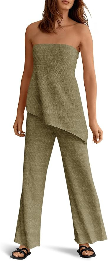 Tankaneo Womens 2 Piece Outfits Asymmetrical Tube Top Wide Leg Pants Knit Vacation Travel 2026 Ma... | Amazon (US)