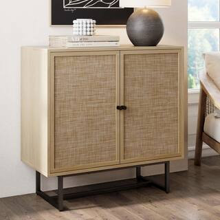 Nathan James Kova Light Oak/Black Accent Cabinet Natural Cane Rattan Doors with Black Metal Base ... | The Home Depot